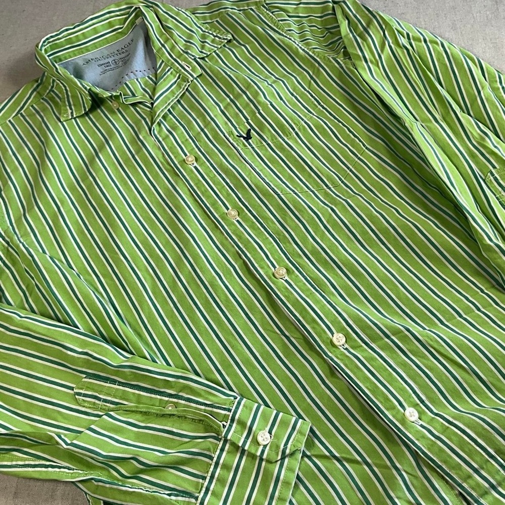 Mens American Eagle Green Striped Cotton Button Down Shirt (Small)